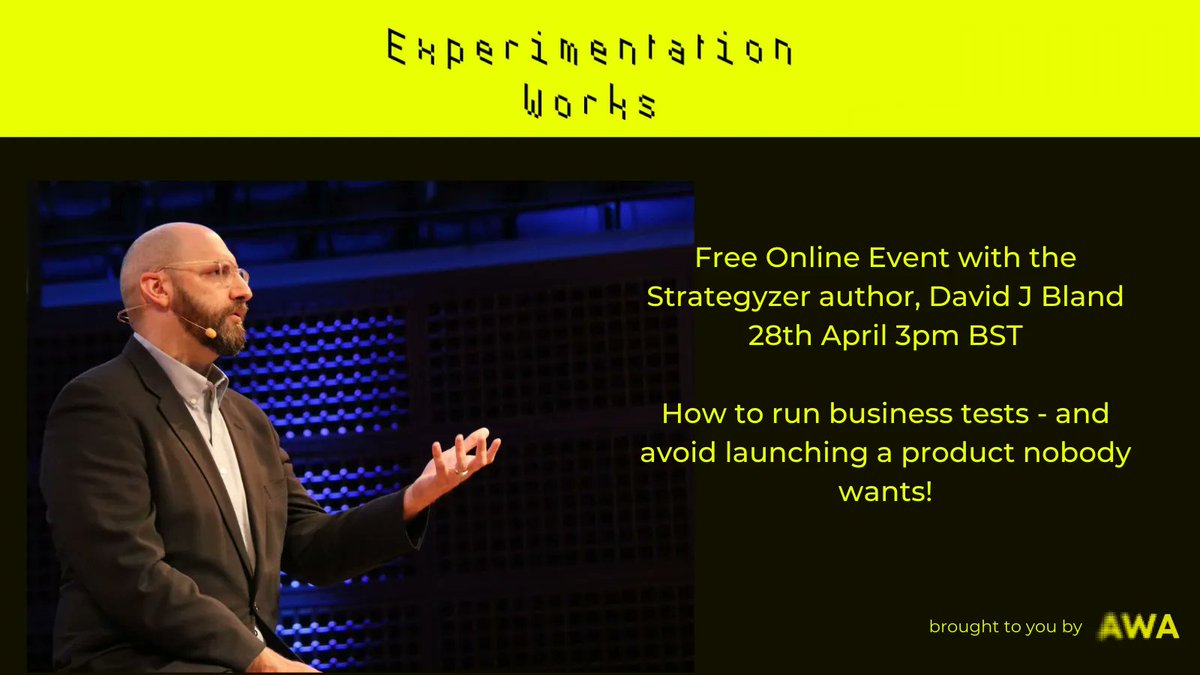 Last chance to sign up for our FREE ONLINE EVENT - “How to Test Business Ideas” with Speaker @davidjbland, author of Testing Business Ideas. 
Thursday 28th April 3PM BST.
Sign up here: 
buff.ly/3vg20dh 
#Experimentation