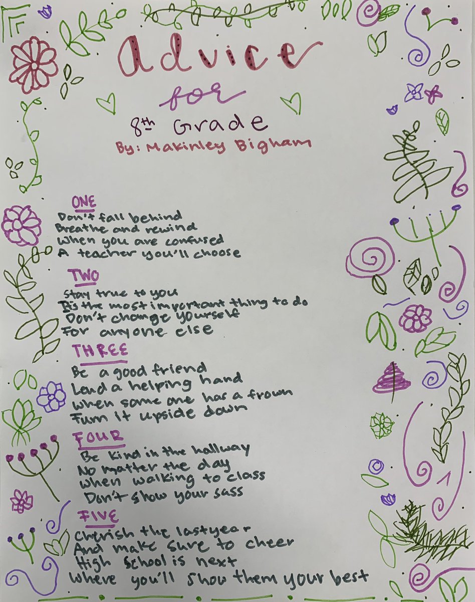 humansofbcms's tweet photo. BCMS students wrote thoughtful advice for future 8th graders. #RaiderPride #NationalPoetryMonth https://t.co/EvCsAs8pwr