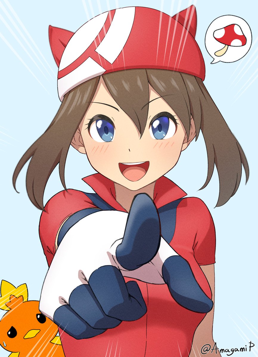 ハルカ(ポケモントレーナー) ,アチャモ 「#好きなキャラ100人描く①ハルカアニポケでアチャモに「きのこ!」って指示するシ」|🌸あまがみP🌸のイラスト