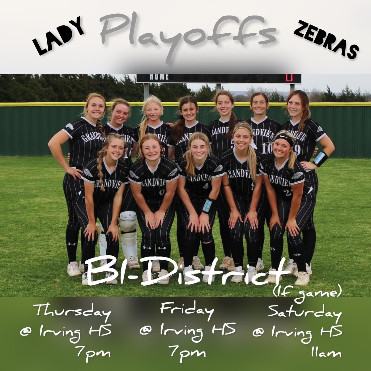 Tomorrow starts playoffs🖤🦓🥎🤍#grandviewladyzebras listen live:  zebrasportsnetwork.com <a href="/Gosset41/">Brian Gosset</a> <a href="/Los_Stuff/">Carlos Arias</a> <a href="/ExtraInningSB/">EXTRA INNING SOFTBALL</a> <a href="/ihss_dfw/">DFW Inside High School Sports</a> <a href="/b_caydin/">Caydin B</a> <a href="/morganhollidayy/">Morgan</a>