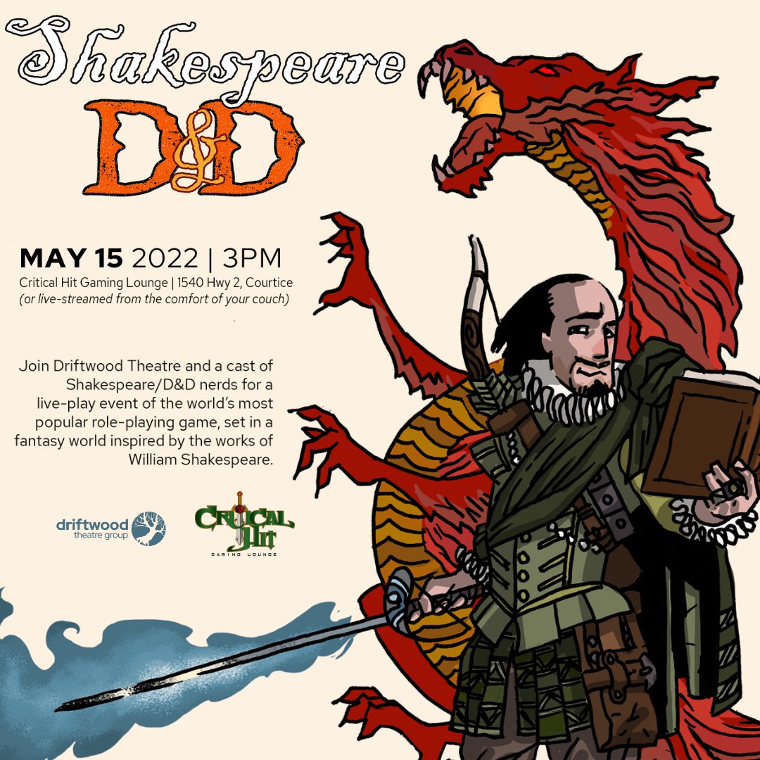 DriftwoodTheatr's tweet photo. Join Driftwood Theatre on an epic quest of Shakespearean proportions! Shakespeare D&amp;D is a live play through of #dungeonsanddragons but in a Shakespearean world with Shakespearean characters! For more and tickets visit https://t.co/PLYtB8PzeT #shakespeareDND #driftwoodtheatre https://t.co/OkQkT7qSBO
