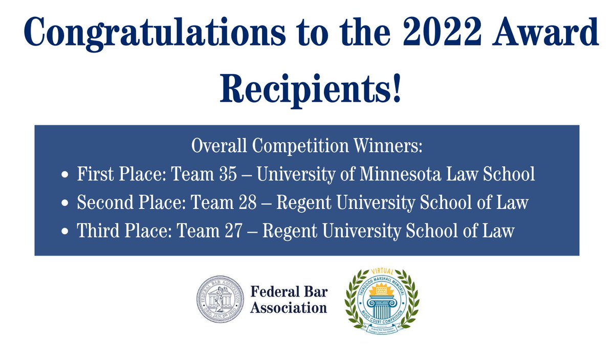 The FBA Younger Lawyers Division congratulates the 2022 Thurgood Marshall Memorial Moot Court Competition Award Recipients! We also gratefully acknowledge our sponsor The Army Jag Corps. See full list of award winners here ⭐:  ow.ly/OR6450ISvYh