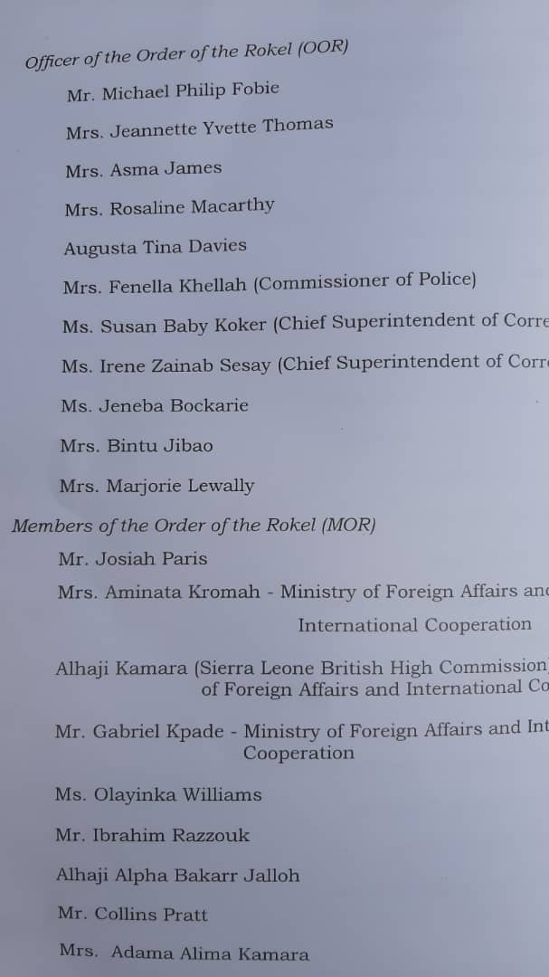 sierraeyesalone's tweet photo. A list of those receiving awards from @PresidentBio at State House today. #SierraLeone #sierraleoneindependence #sierraleoneindependenceday #saloneAt61 #SaloneTwitter https://t.co/eSbjlWopGy