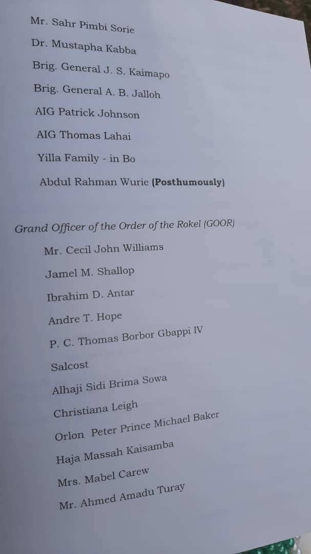 sierraeyesalone's tweet photo. A list of those receiving awards from @PresidentBio at State House today. #SierraLeone #sierraleoneindependence #sierraleoneindependenceday #saloneAt61 #SaloneTwitter https://t.co/eSbjlWopGy