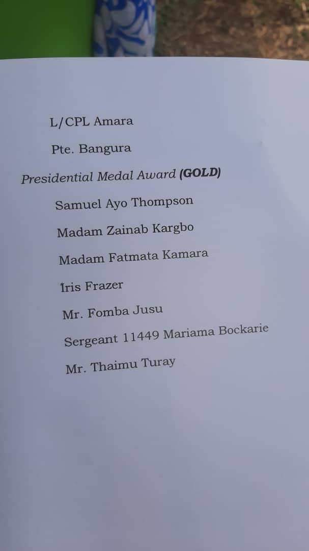 sierraeyesalone's tweet photo. A list of those receiving awards from @PresidentBio at State House today. #SierraLeone #sierraleoneindependence #sierraleoneindependenceday #saloneAt61 #SaloneTwitter https://t.co/eSbjlWopGy