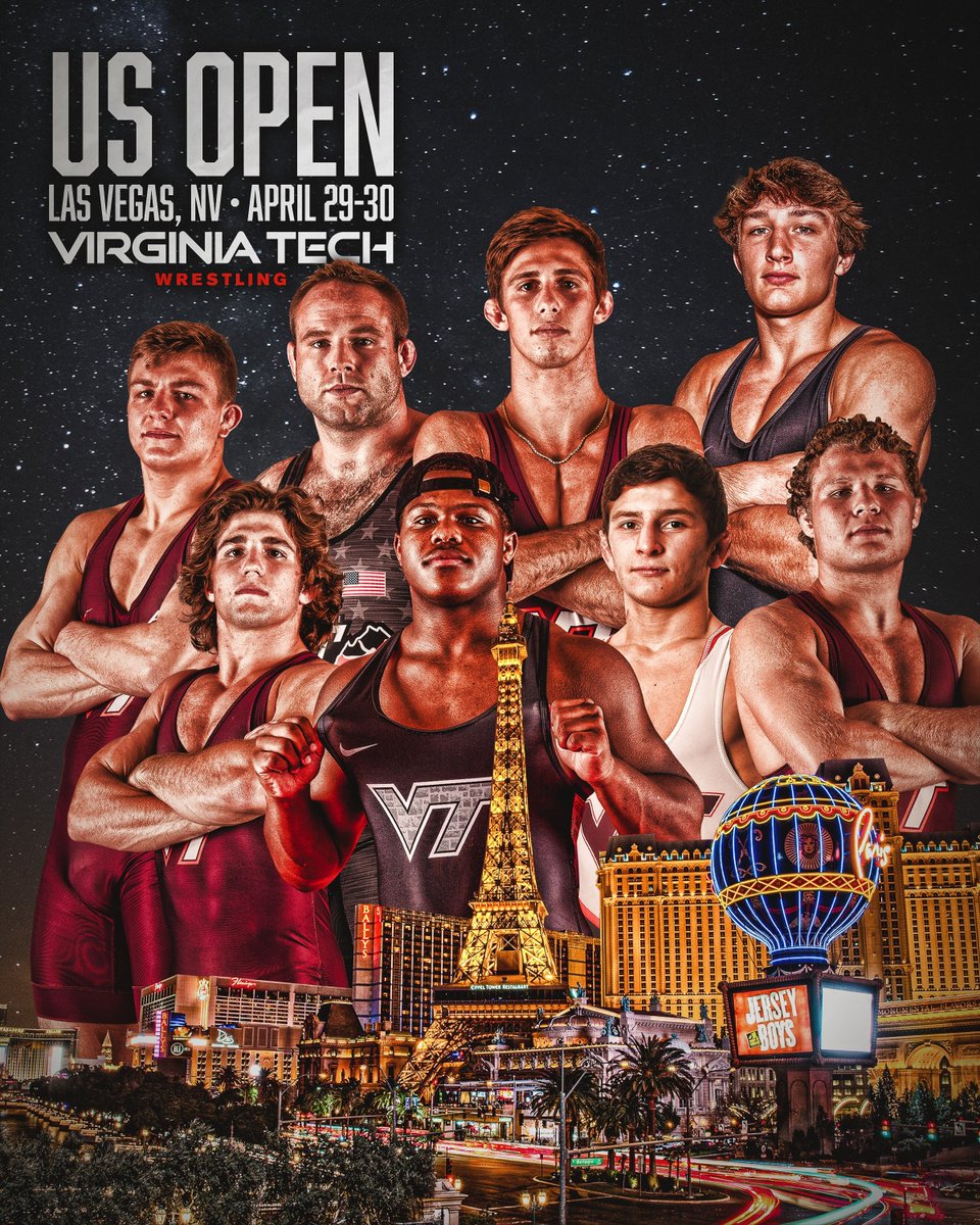 HokiesWrestling's tweet photo. 𝙳𝚘𝚞𝚋𝚕𝚎 𝙳𝚘𝚠𝚗, 𝙱𝚕𝚘𝚠 𝚝𝚑𝚎 𝙳𝚒𝚌𝚎 

Squad rolling into the US Open 🎲. U20 and Senior division action begins Friday. Stay posted for more updates on our guys competing in Vegas. 
#Hokies #ALLINALLTHETIME🦃 https://t.co/Hk1PA9QgyB