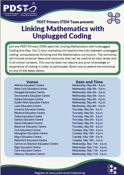 OidePrimarySTEM's tweet photo. The @PDSTPrimaryStem team are delighted to announce our upcoming 'Linking Mathematics with Unplugged Coding' workshop.
Check out the poster below for all the information. https://t.co/JWCVrxLpeB