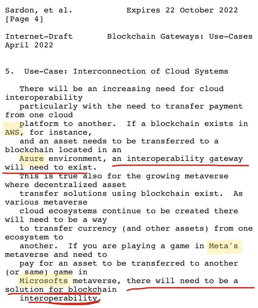 GregLuntX's tweet photo. 📝 A new @IETF draft for “Blockchain Gateways” was just published, and the attached excerpt has me exceptionally bullish. #ODAP $QNT

🔥 We love the name drops. @Meta @Microsoft @AWScloud @Azure

Full draft: https://t.co/vCx67D7O76

Can’t you see what’s happening?👇🏼 https://t.co/9R4EFmJ3Kp