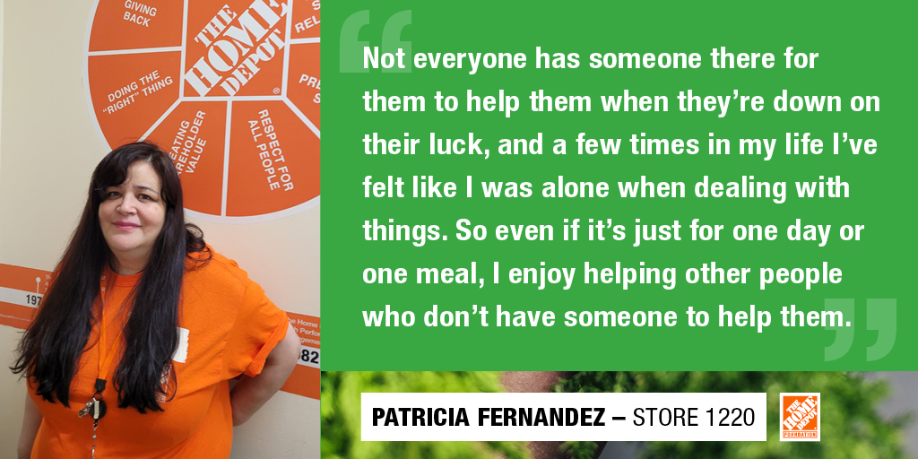 HomeDepotFound's tweet photo. We are grateful every day for dedicated #TeamDepot volunteers like Patricia Fernandez. Patricia, an 18-year associate at @HomeDepot, says she makes an effort to help others in honor of all the people who have helped her along the way. #NationalVolunteerMonth https://t.co/c6NljjyYXe