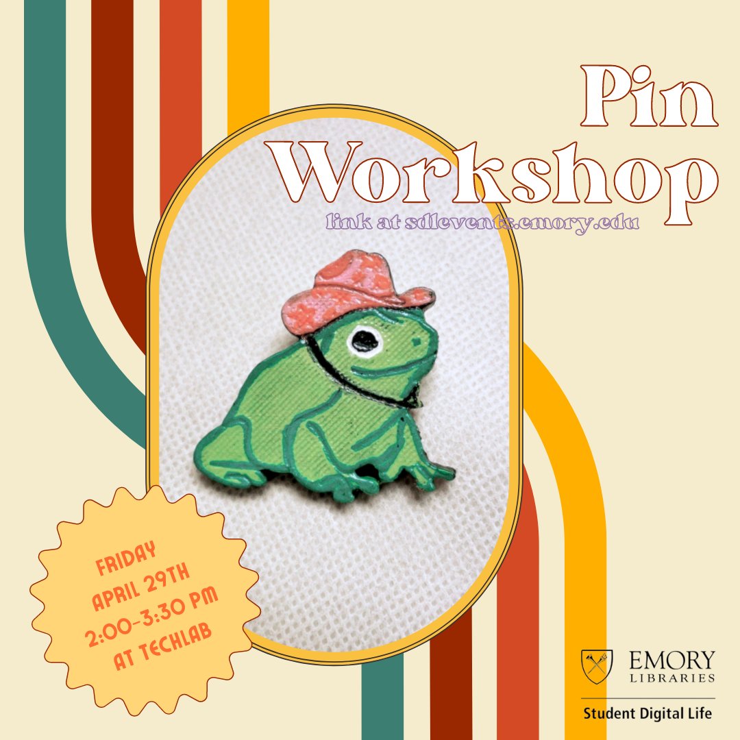 emorySDL's tweet photo. Join us this Friday at 2pm for our last workshop of the semester! Learn how to design, laser cut, and paint plywood to create custom pins for your bags!

Please complete the laser safety and Muse certification prior to arriving and take a screenshot of your e-certificate. https://t.co/J1uLgyRVqP