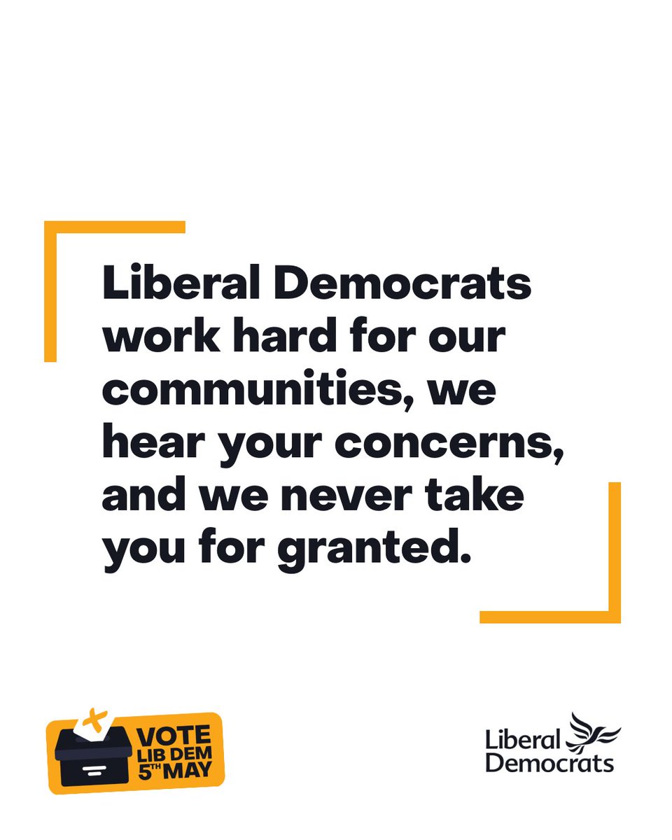 LibDems's tweet image. This 5 May is your chance to vote for a local champion who will work hard and do what is right for your community, who won't take you for granted. 

Vote Liberal Democrat for a fair deal. 🗳🔸
