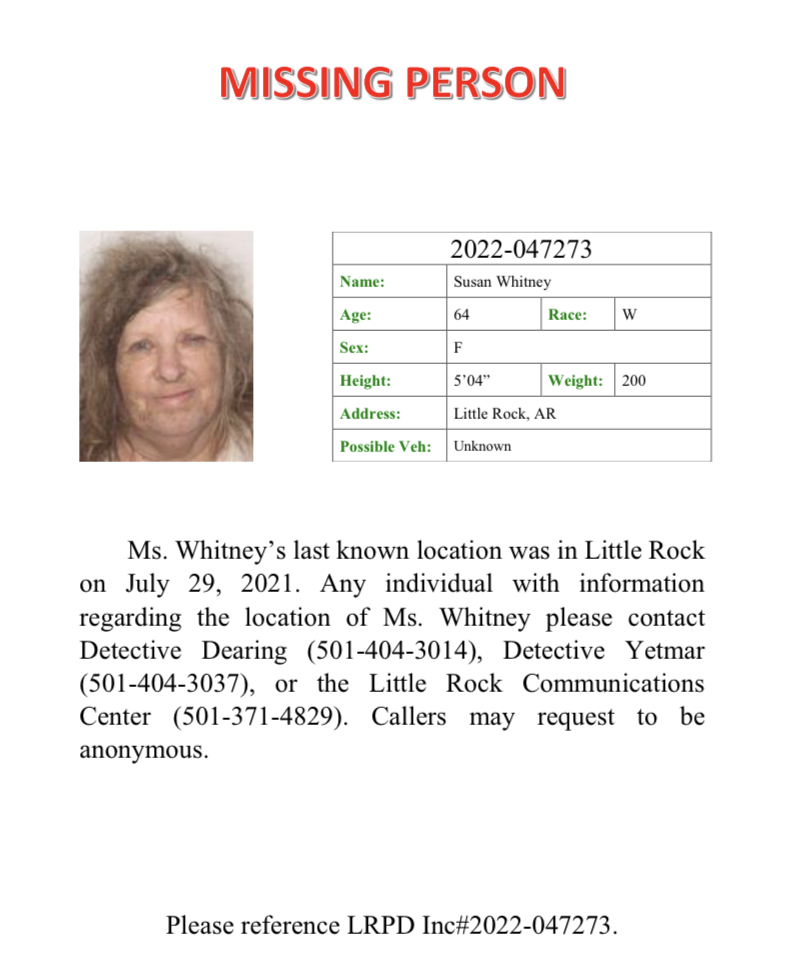 LRpolice's tweet photo. Please help us locate Ms. Whitney.  If you know of her whereabouts, contact detectives at 501-371-4829 or 501-404-3014. https://t.co/unNqKfiKF1