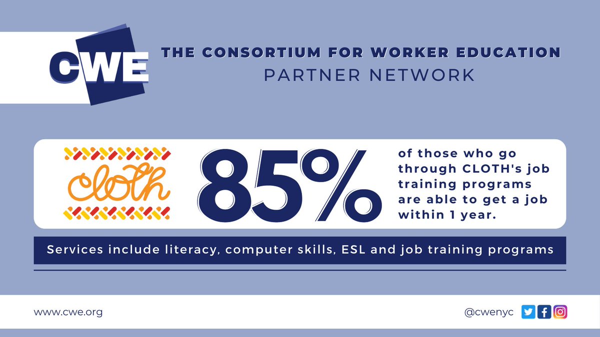 CWENYC's tweet photo. One of CWE’s partners, Community League of the Heights (CLOTH) provides a comprehensive set off services designed to create new employment opportunities in northern Manhattan neighborhoods. Services include literacy, computer skills, ESL and job training programs. #JobstoBuildOn https://t.co/q0lTy5nhSo