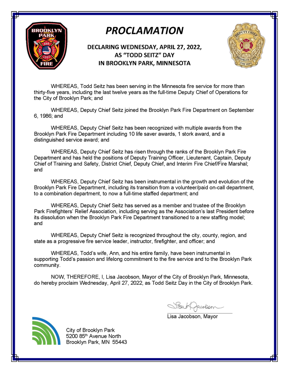 bpfire's tweet image. Today we celebrate Deputy Fire Chief Todd Seitz on his 35+ years of service to the Brooklyn Park community. Congratulations Chief Seitz on your retirement and thank you for your contributions to the Brooklyn Park Fire Department and to the Minnesota fire service.