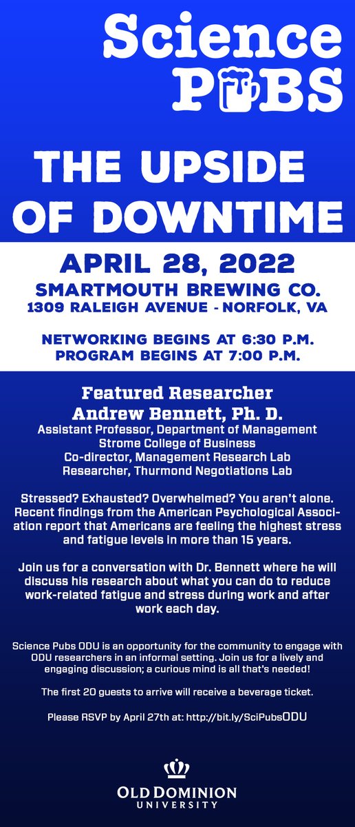 Don’t miss our next Science Pub, The Upside of Downtime, featuring Andrew Bennett this Thursday, 4/28, at Smartmouth Brewing in Norfolk. Register here: fs25.formsite.com/researchdev/vf…