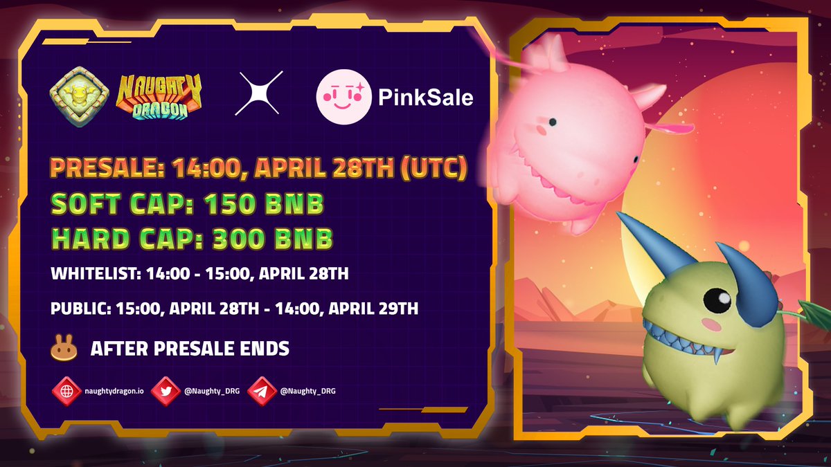 Only 1 day left till #NaughtyDragon presale live on #Pinksale! 🔥

📅 14:00, April 28th (UTC)

🚀 Presale link: pinksale.finance/#/launchpad/0x…

Stay tuned, guys! More surprises are yet to come. 🐉

#NaughtyDragon #DG #Metaverse #MetaFi #P2E #BSC <a href="/binance/">Binance</a>