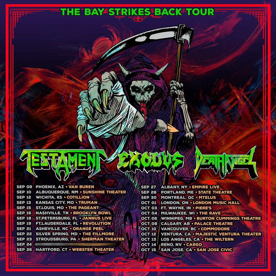 Join us this September - October for the second leg of the unrelenting and legendary Bay Strikes Back Tour lineup featuring @Testament with @ExodusAttack and @DeathAngel 🎟️ TICKETS AT bnds.us/f401m5 #Testament #Exodus #DeathAngel #ThrashMetal #Thrasher #Thrash