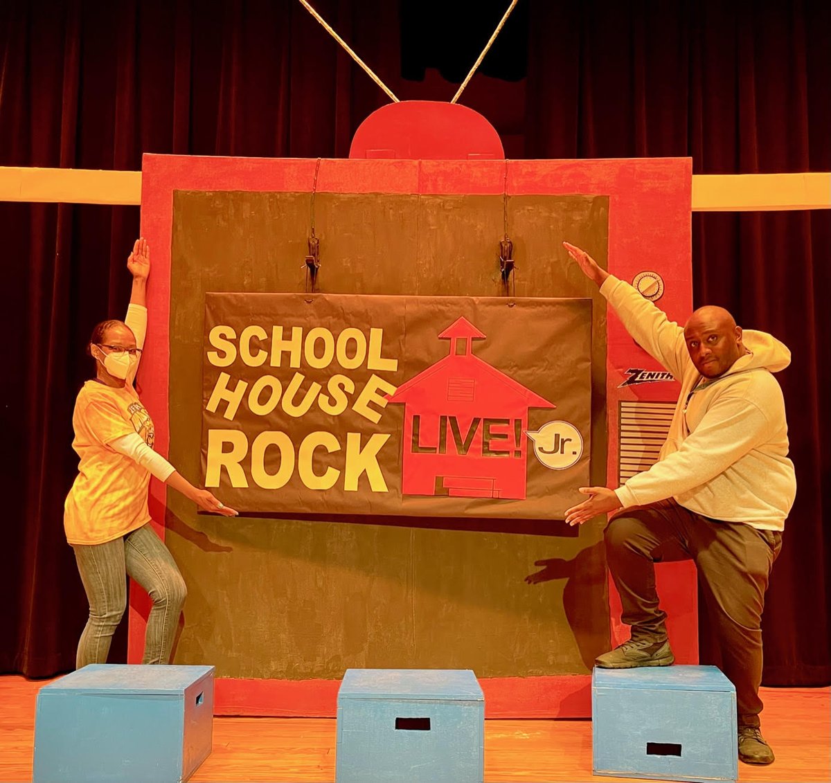 The Directors of the Jefferson musical, Mrs. Tarrant &amp; Mr. O’Neal, invite you to the performances of School House Rock Jr this Friday, 4/29 @ 7p and Sat, 4/30 @ 2p. Admission is $5 for adults and $3 for children/seniors. Check out this great video vimeo.com/702179937 🐾