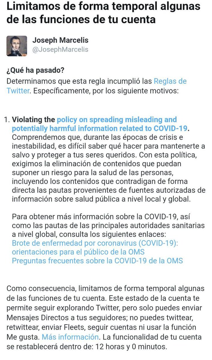 JosephMarcelis's tweet photo. @lapropriaWinter ayer el amigo @JosephMarcelis hizo una prueba y esta suspendido 12 hs, aún estan activos los algoritmos de censura, por lo menos para el cobicho https://t.co/rb2pIxXeAd