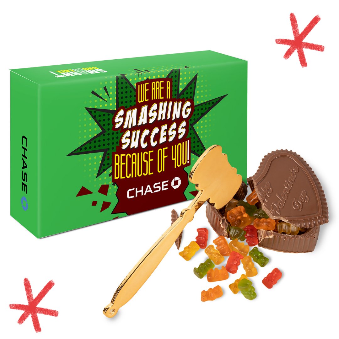 It's #NationalGummyBearDay🧸 &amp; we love any excuse to indulge in these bite-sized treats!

Paired with this heart-shaped smash chocolate, this is a perfect gift to show customers &amp; employees that they're the heart of your business. 🧡 

#PromoMarketing #BrandingProductsWithPurpose
