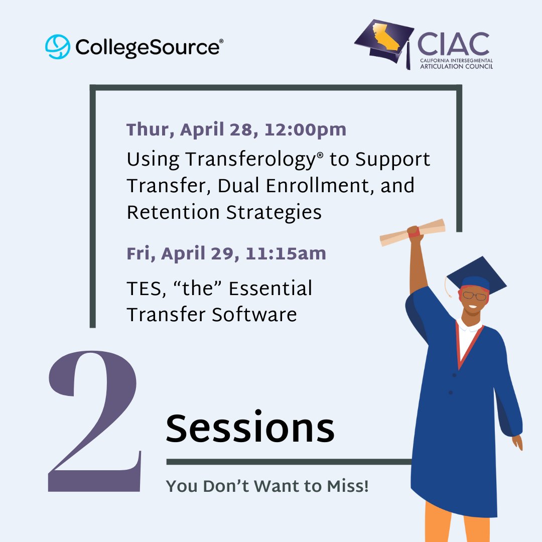 CollegeSource's tweet image. If you’re attending the 2022 CIAC Virtual Conference, join us for our sessions on how institutions can utilize Transferology and how you can create a seamless, student-centered experience with TES. #LegislationSensation #TransferArticulation #CaliforniaArticulation