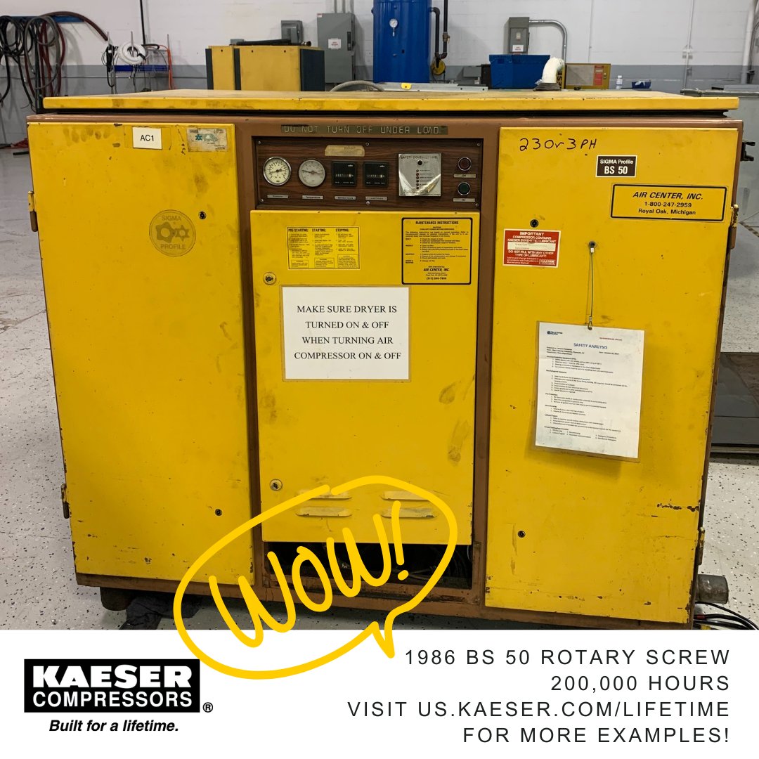 KaeserUSA's tweet photo. Thanks to our friends at @AirCenterInc for sharing this picture of a 1986 unit in for service. It has over 200,000 hours w/ original parts! We mean it when we say our units are built for a lifetime.
https://t.co/QoGUT2WaSN
#builtforalifetime #screwcompressors #kaesercompressors https://t.co/XGiW4ZNTQy