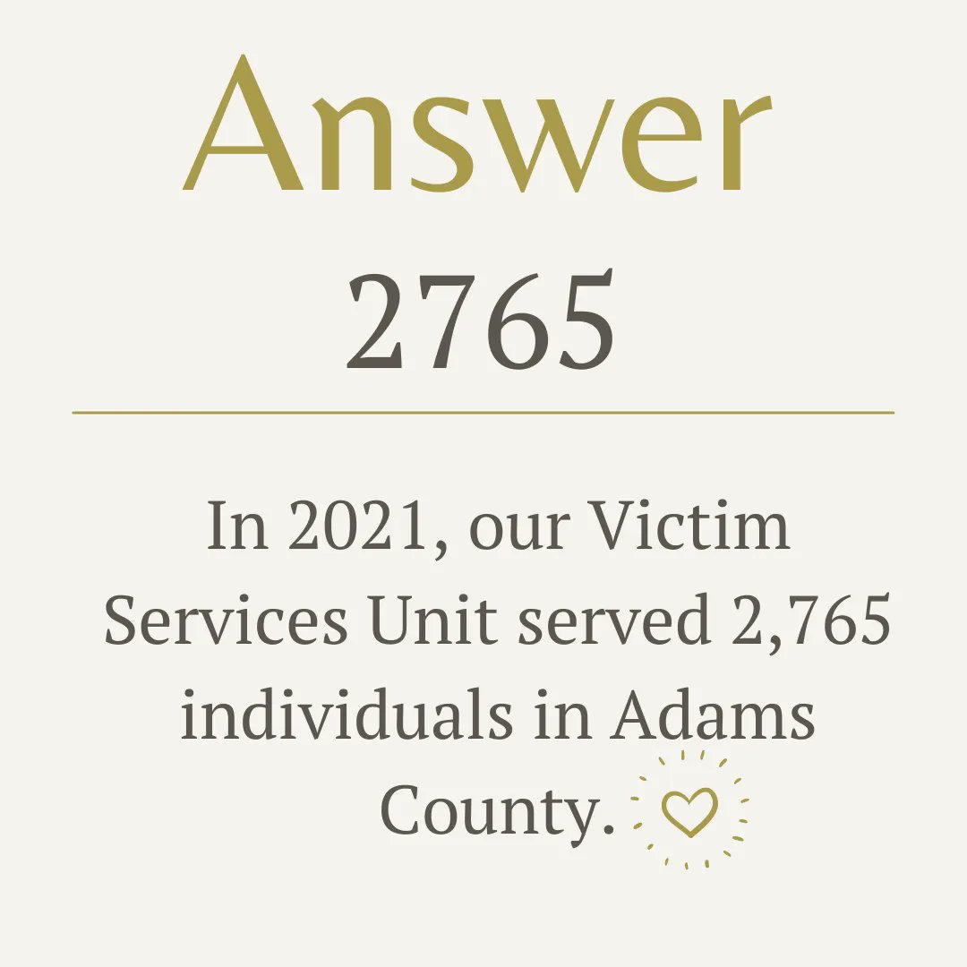 Earlier this week we asked our followers to guess what 2,765 represents.

You guessed it! 

In 2021, our Victim Services Unit served 2,765 individuals in Adams County. 

#ACSOProud #victimsurvivor #nationalvictimsrightsweek
