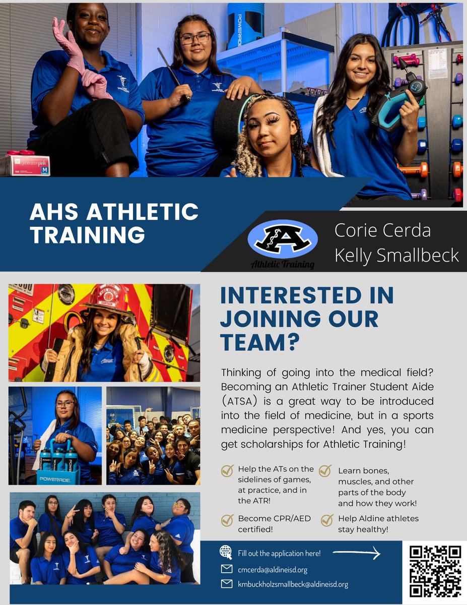 If you like sports, are interested in a career in medicine, or just like helping people, then Athletic Training is the team for you! We assist all athletes in prevention, treatment, and rehabilitation of injuries, as well as game and practice coverage. Join Today!