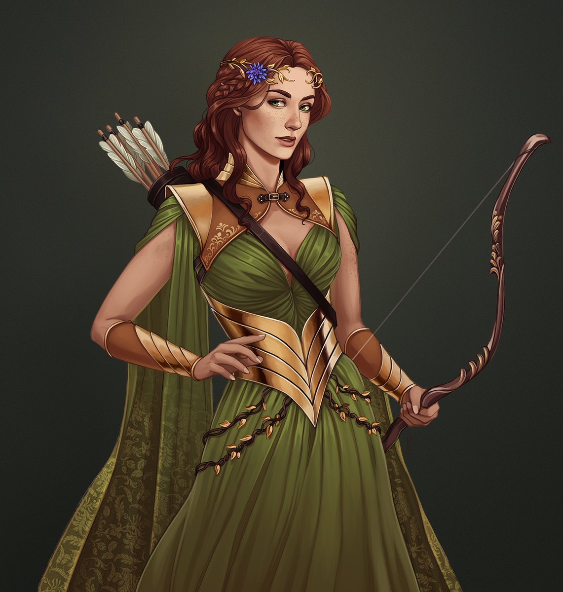 Tallinier's tweet photo. A Wood Elf ranger named Thia for a commissioner! Such a fun outfit to design, channelling summer vibes 🌿
#dnd #dnd5e #dungeonsanddragons #ttrpg #art https://t.co/aDiLr3wfzZ