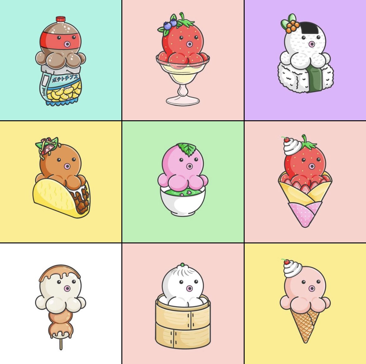 BlackFoxCM1's tweet photo. If you love food and all things Japanese, this collection is perfect for you! This design features a Tako 🐙 on various classic Japanese appetizers and dishes, ranging from Takoyaki and yakitori, to omurice and dango 🍡.
#NFTCommunity #NFT #NFTs  
➡️Follow @TakoNoMachiNFT https://t.co/7eqbU0Bqhj