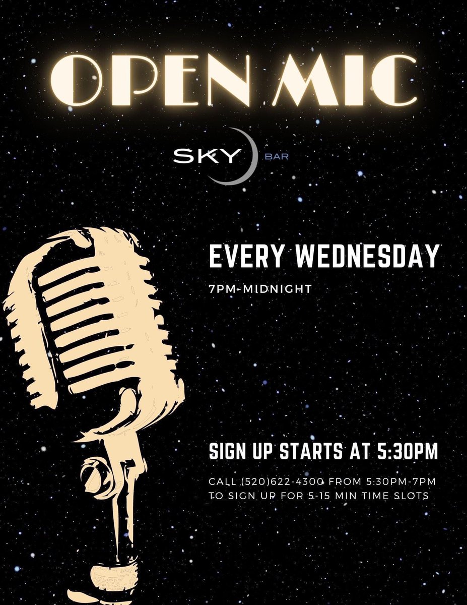 It’s OPEN MIC NIGHT Tonight at SkyBar! Come show us your amazing talent! 

Sign up begins at 530pm
Stage lights up at 7pm