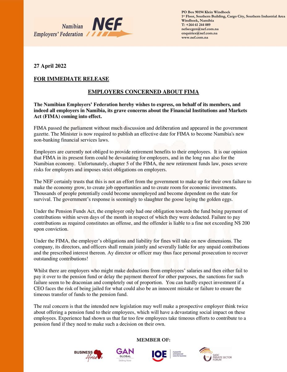 Shipululo's tweet photo. Dear Namibians 
Namibia Employers Federation has rejected the 75% Regulations that want to keep your money even after you resign or are fired. They have done something worthwhile! https://t.co/K1ebZYR9A6