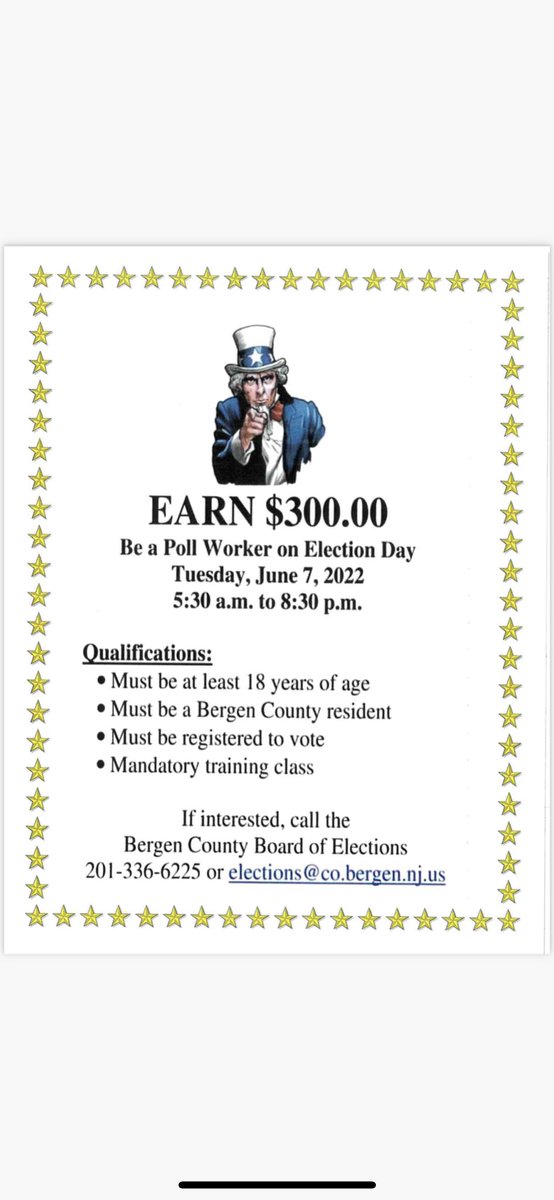 Do you want to earn $300? Become an Election Day Poll Worker. See the attached flyer for more information.