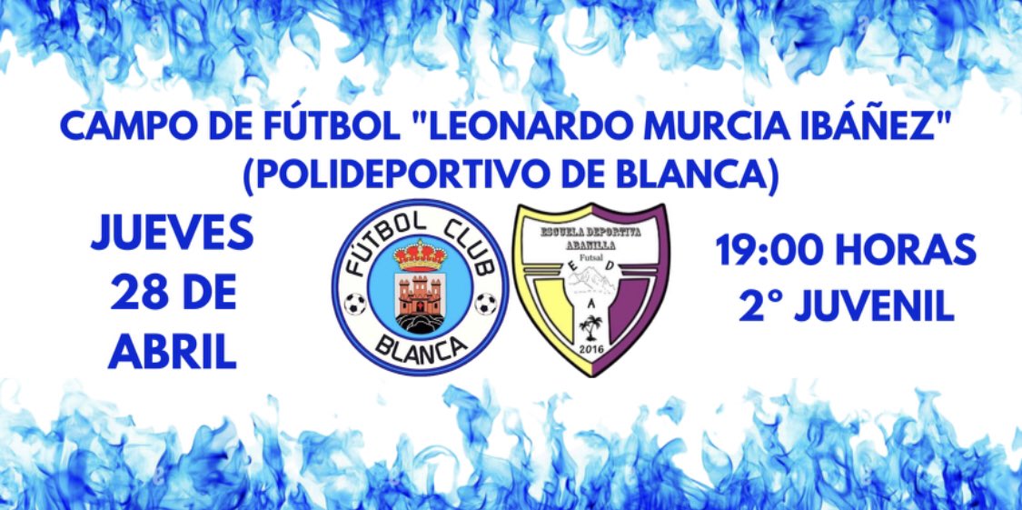 ⚽️ 24ª Jornada⚽️
🏟Campo de fútbol “Leonardo Murcia Ibáñez” (Polideportivo de Blanca)🏟
📅 Jueves, 28 de Abril 📅
⌚️19:00⌚️
⚔️ <a href="/EDAbanilla/">E.D. Abanilla Abrisa Futsal</a> ⚔️

#vamosblanca #2juvenil #ffrm #futbol