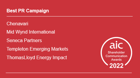 AICPRESS's tweet photo. Congratulations to the following companies who have been shortlisted for Best PR Campaign:
Chenavari, Mid Wynd International, Seneca Partners, Templeton Emerging Markets and ThomasLloyd Energy Impact. https://t.co/FBM9n3kUhs
