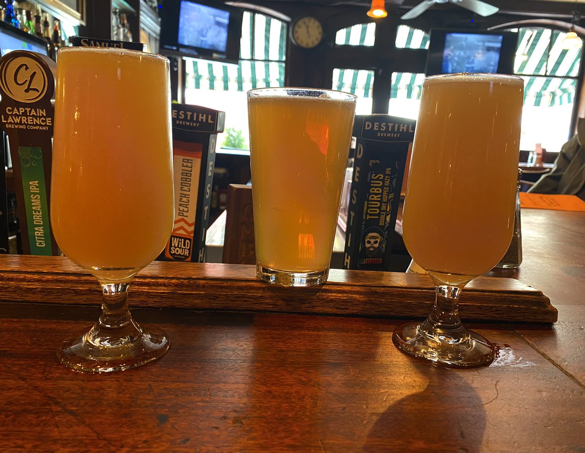 We’ve got some great beers on draught right now! Pictured is Captain Lawrence Brewing - Citra dreams hazy IPA, DESTIHL Brewing peach cobbler sour, and their tour bus IPA. Come in to check out our full draught menu of all 32 taps!