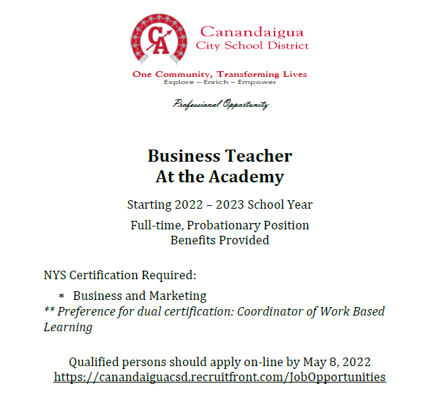 MrsTFranz's tweet photo. Attention Business Teachers! Come join our team. 
https://t.co/u7zmkXXEVy
#canandaiguaproud https://t.co/a1A0C7J6q7