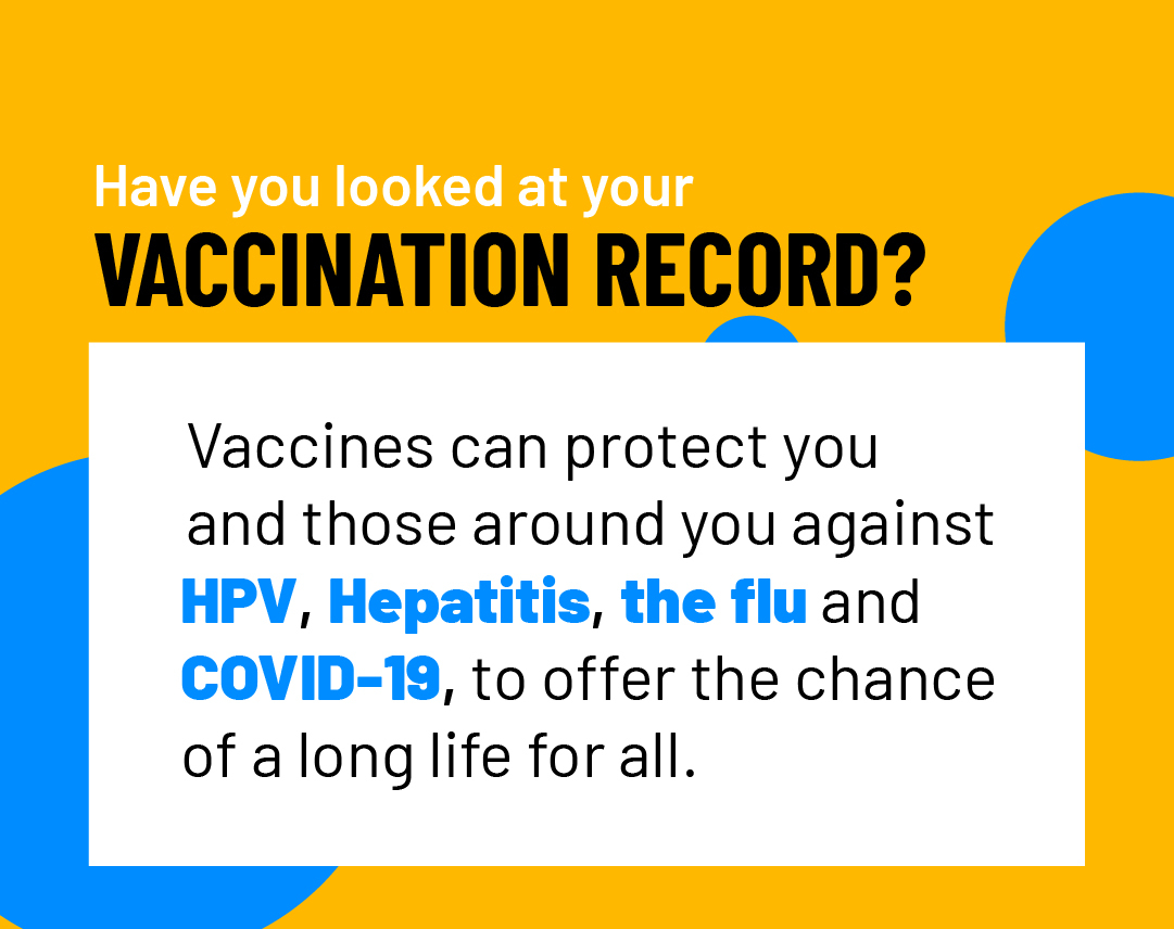 Happy #WorldImmunizationWeek! 
The goal of this week is for more people & communities to be protected from #vaccinepreventable diseases.
Check your vaccine record to ensure that you're up to date on all of your #vaccines, especially the #HPVvaccine which reduces #cervicalcancer!