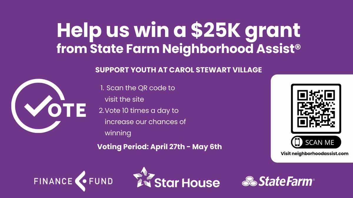 StarHouseCbus's tweet photo. Vote for us, and you can help us win a $25K grant from @StateFarm to support youth exiting homelessness at Carol Stewart Village! Vote here to give Central Ohio youth hope and a chance to thrive: https://t.co/0m4tevs3LQ #SFNeighborhoodAssist https://t.co/62LuAuvAE8