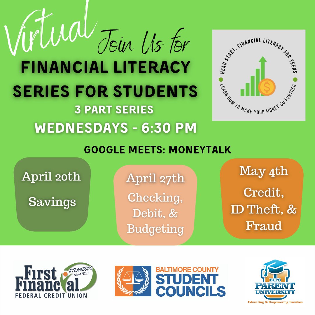 Second session tonight at 6:30 pm. No registration needed, just join us with your student in Google Meets: MoneyTalk