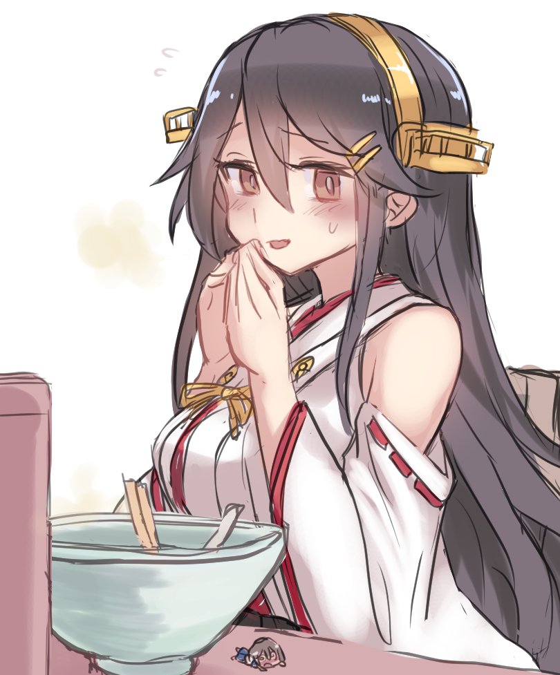 haruna (kancolle) long hair black hair detached sleeves multiple girls headgear hairclip ribbon trim  illustration images