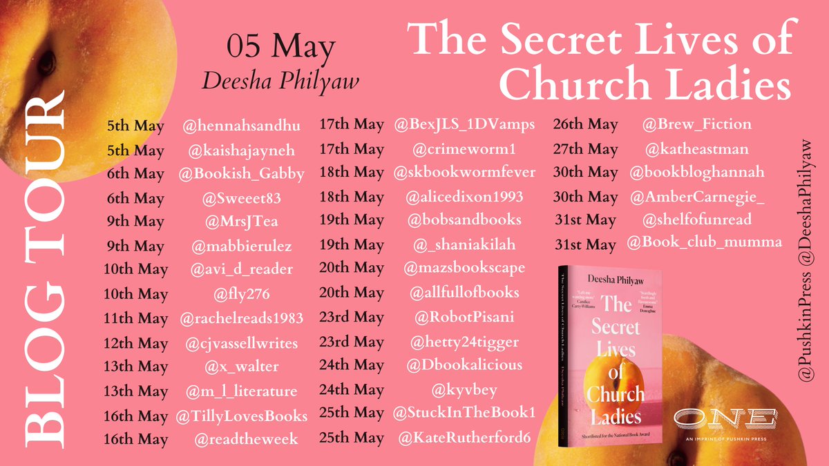 tara_mcevoy's tweet image. Now that's what I call a blog tour!! 👀 

Reviews of THE SECRET LIVES OF CHURCH LADIES by @DeeshaPhilyaw will be going live daily from May 5th through until mid-June! Thanks to all the wonderful book bloggers taking part &amp;amp; to @pardonmywriting for these snazzy graphics! 🍑
