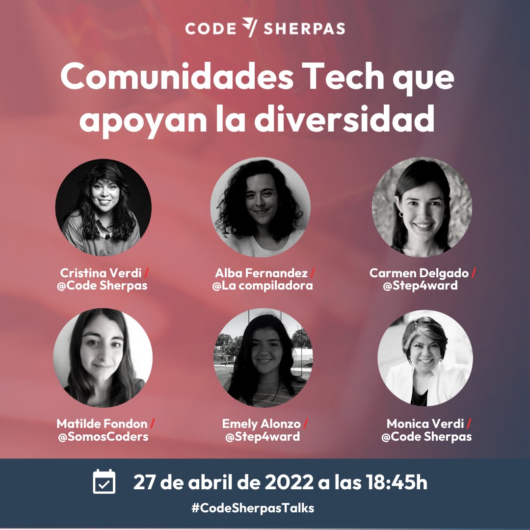 codesherpas_bcn's tweet photo. En 20 minutos arrancamos #CodeSherpasTalks con @cldelgadop, Alba Fernandez, @matildefondon, Emely Alonzo, @Monica_Verdi y @cristina_verdi 

Hablaremos sobre «Comunidades Tech que apoyan la diversidad»🦸‍♀️👩🏽‍💻 .

¡Estamos aquí! 👉  https://t.co/StjNtA54WH https://t.co/hMw8HBmKFu