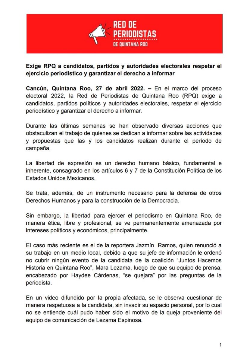 RedPeriodistaQR's tweet photo. Desde la RPQ nos pronunciamos en contra de las acciones registradas en el #ProcesoElectoral2022, que inhiben el derecho a informar y transgreden la libertad de expresión. 

@IEQROO_oficial @MaraLezama @LauFdzOficial @Hendricksles @DrJLPech @MenaNivardo https://t.co/mqaeBzViFC https://t.co/7B1mmEGH1s