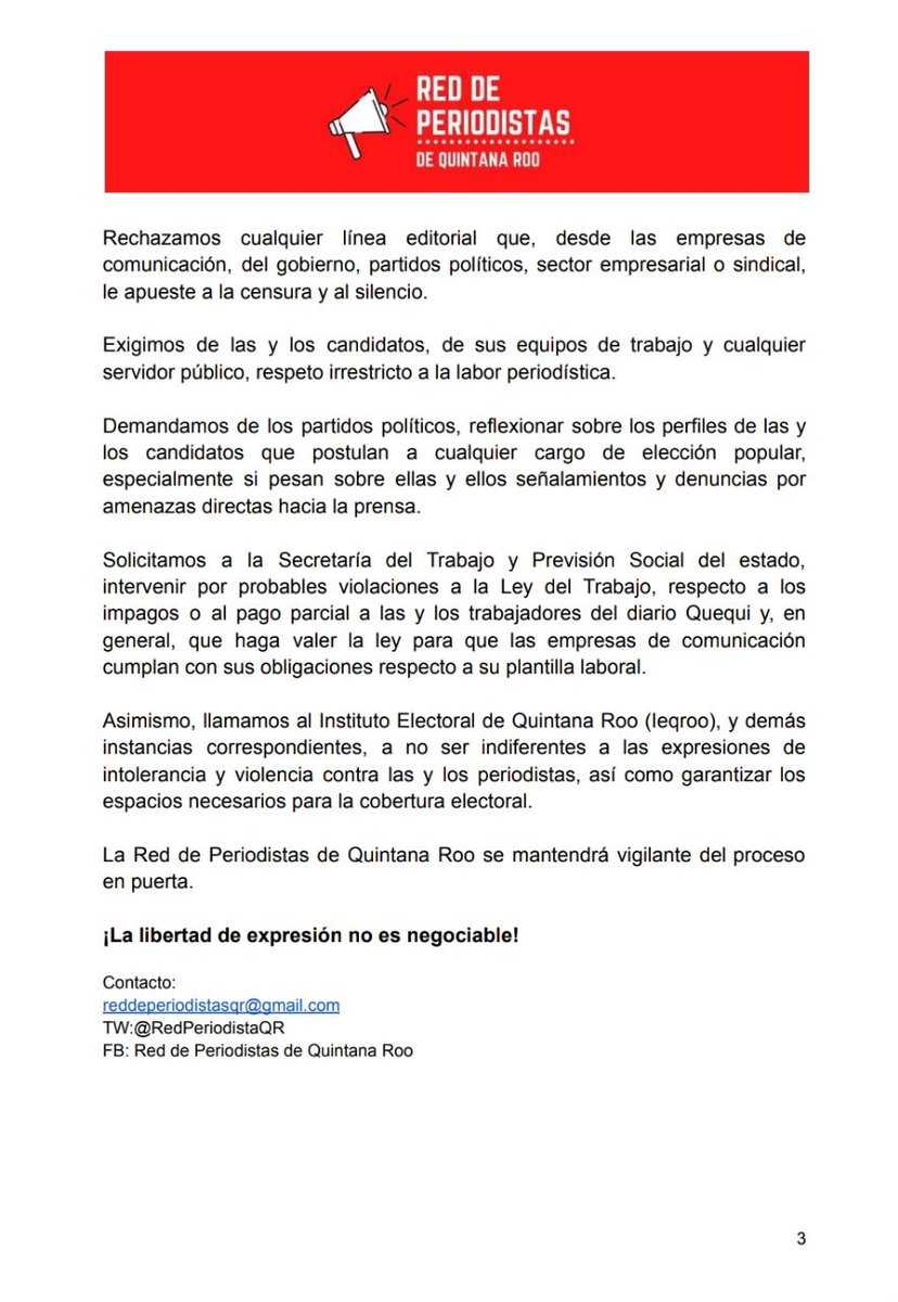 RedPeriodistaQR's tweet photo. Desde la RPQ nos pronunciamos en contra de las acciones registradas en el #ProcesoElectoral2022, que inhiben el derecho a informar y transgreden la libertad de expresión. 

@IEQROO_oficial @MaraLezama @LauFdzOficial @Hendricksles @DrJLPech @MenaNivardo https://t.co/mqaeBzViFC https://t.co/7B1mmEGH1s