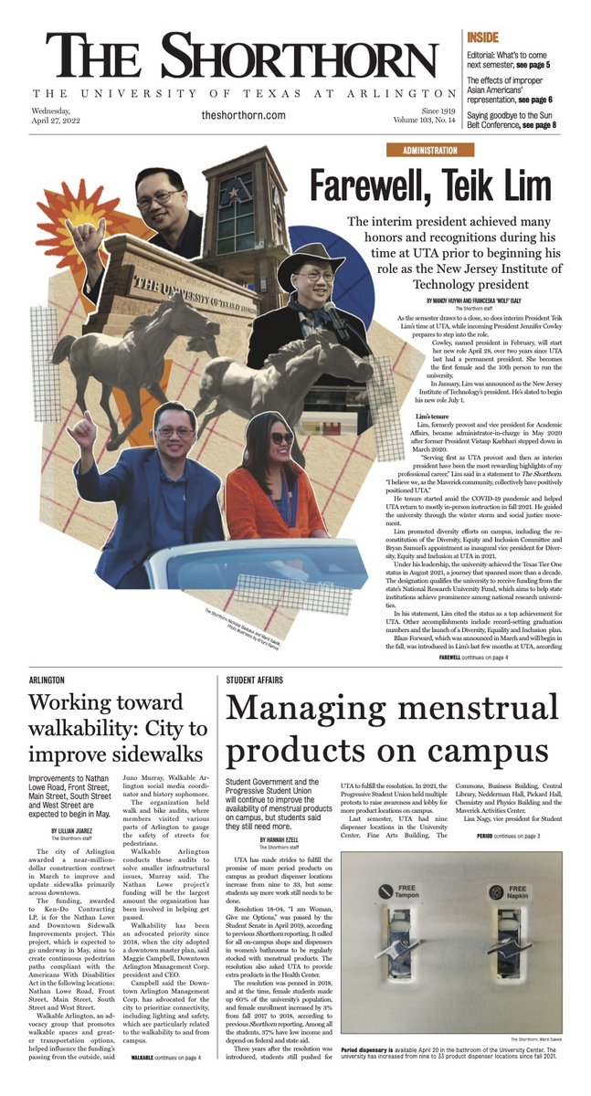MandyHuynh12's tweet photo. This is the last print of the semester for @UTAShorthorn The news desk has worked hard this semester to bring students campus news. This collection of articles is our best yet. 

Here's the news section this week: 🔽 https://t.co/ZX0yCDGXLN