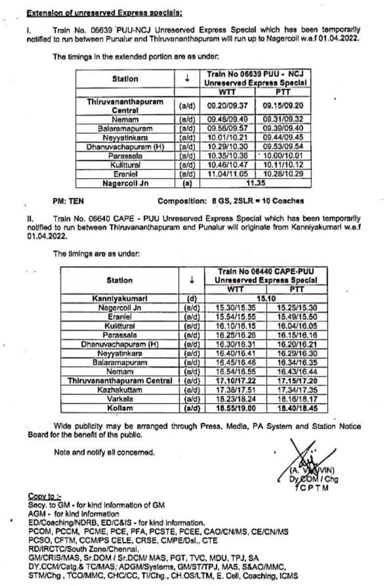 ajith_babu's tweet photo. Has WTT/PTT of 06640 CAPE PUU UR Express changed? 
If not, why's @TVC138 sending 06640, scheduled to arrive QLN at 1840 (as per PTT), ahead of 16342 (scheduled PTT arrival at QLN 1833)? @GMSRailway @seniordcmtvc https://t.co/6Oy2XBU6Vh
