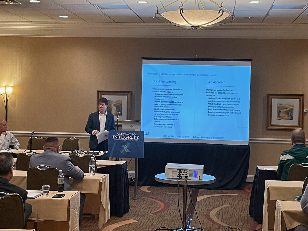 NASWAORG's tweet photo. Protecting the Integrity of UI Systems. Louis Ansaldi &amp; David Zemel discuss cloud migration, disaster preparedness and more.

#NASWA | #UISIDES2022 | @Atos https://t.co/hRsmf5fk54