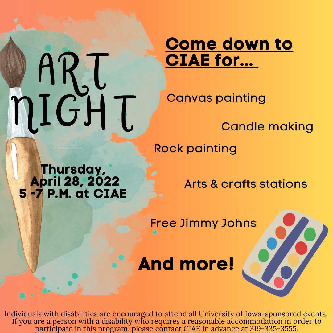 TOMORROW: Stop by between 5-7PM for FREE Jimmy Johns, and fun arts/crafts! See you then! #uiowa #uiowaciae