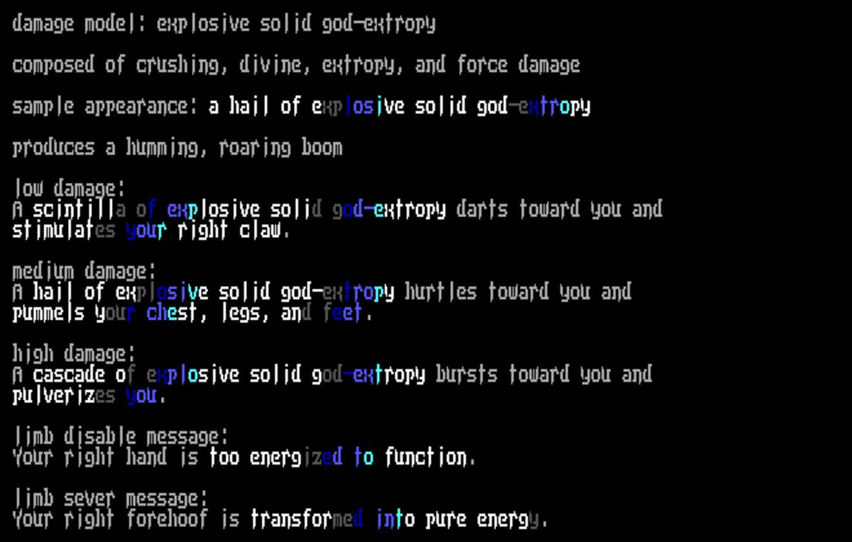 lostsoulsdamage's tweet photo. ＥＸＰＬＯＳＩＶＥ  ＳＯＬＩＤ  ＧＯＤ — ＥＸＴＲＯＰＹ

composed of crushing, divine, extropy, and force damage

produces a humming, roaring boom https://t.co/Zsi1LXMMT4